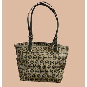 Michael Kors Jet Set Tote Leather and Canvas Black and Tan Logo